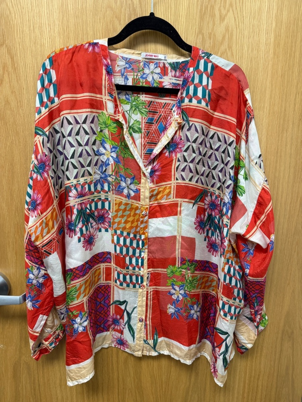 Johnny Was Red Floral Patchwork Button Top
